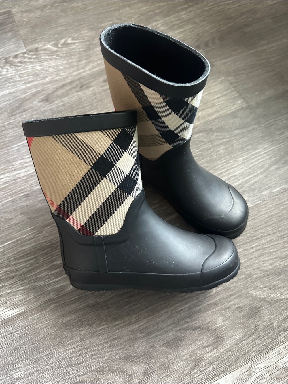 Burberry Kids Black Rubber Rain Boots with Beige Check Plaid Shaft